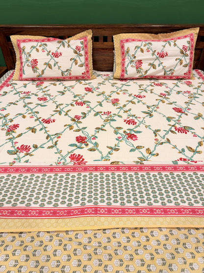 Pastel Red Premium Cotton Handblock Double  Bedsheet
