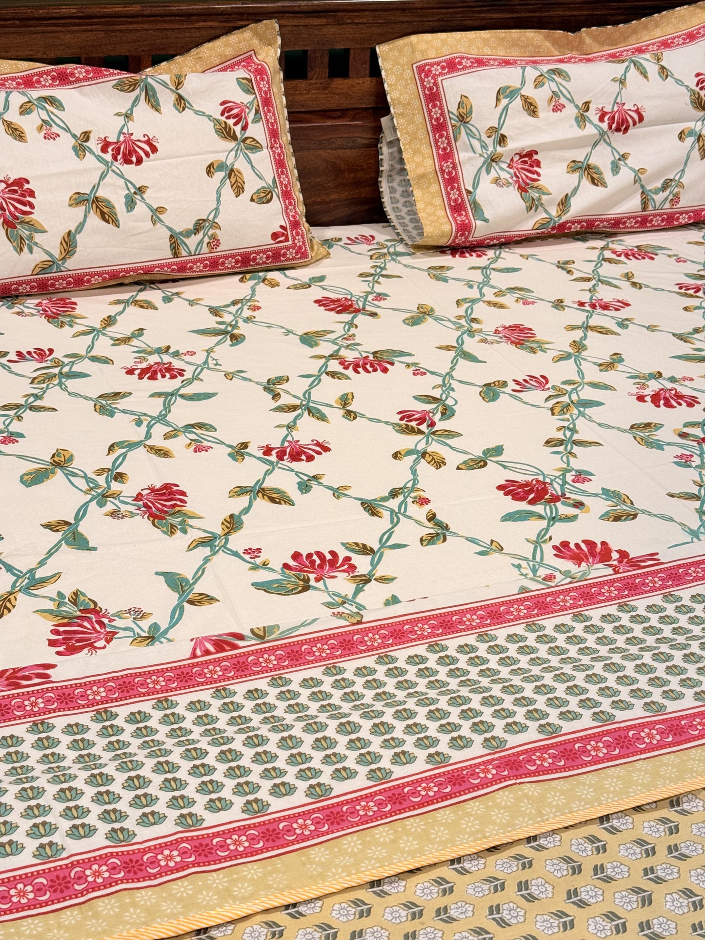 Pastel Red Premium Cotton Handblock Double  Bedsheet