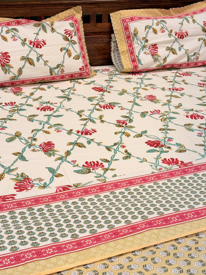 Pastel Red Premium Cotton Handblock Double  Bedsheet