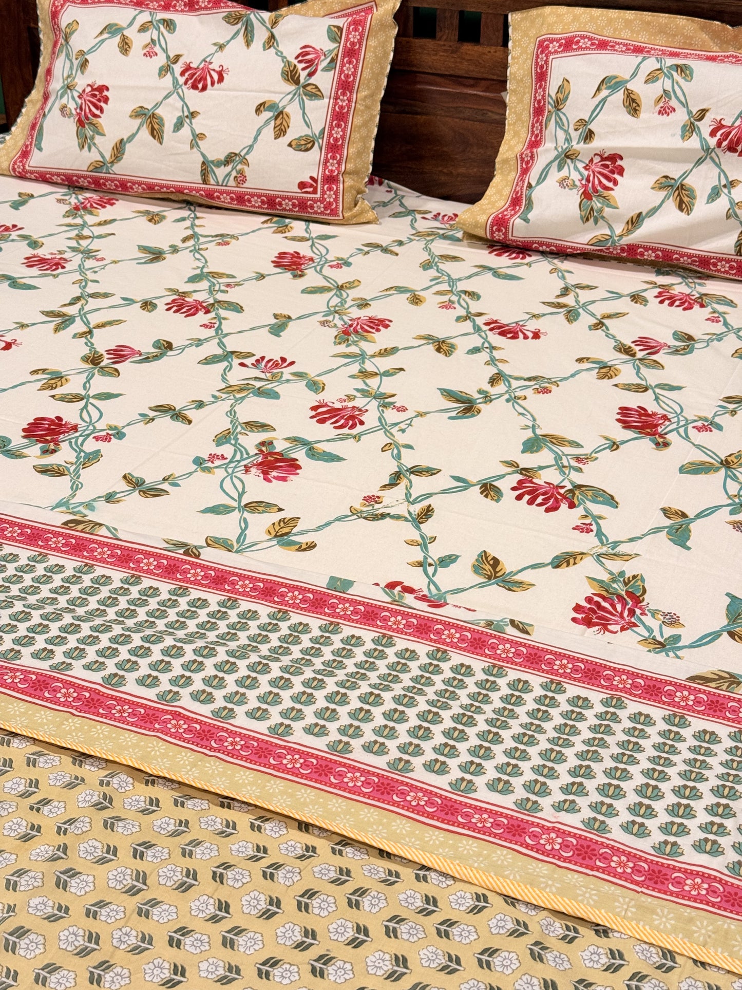Pastel Red Premium Cotton Handblock Double  Bedsheet