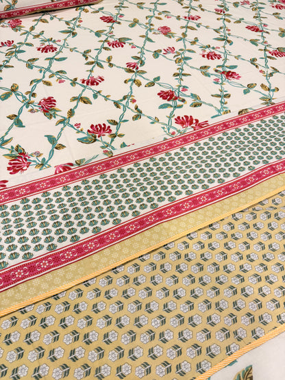 Pastel Red Premium Cotton Handblock Double  Bedsheet