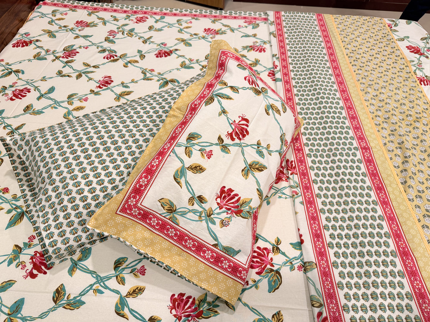 Pastel Red Premium Cotton Handblock Double  Bedsheet
