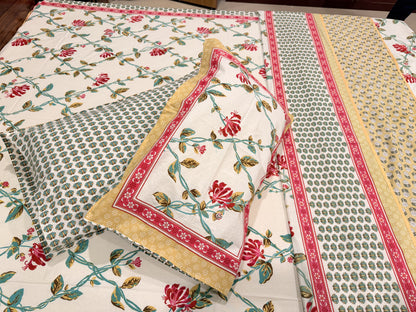 Pastel Red Premium Cotton Handblock Double  Bedsheet