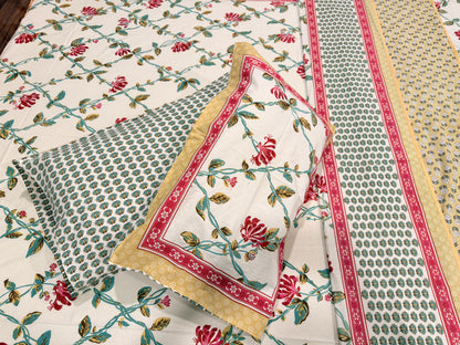 Pastel Red Premium Cotton Handblock Double  Bedsheet