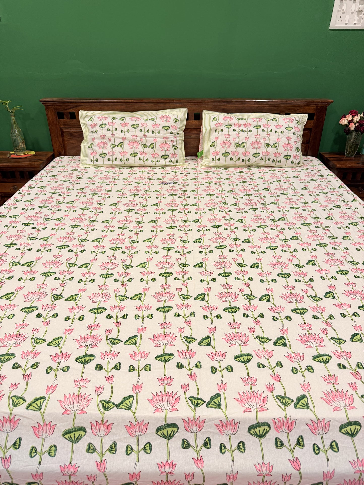 Pink Lotus Premium Cotton Double  Handblock Bedsheet