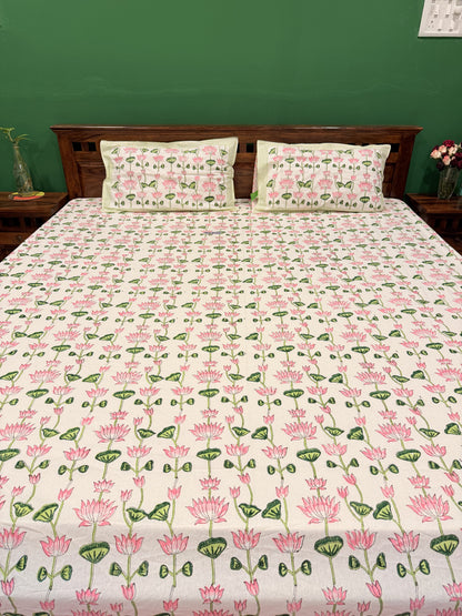 Pink Lotus Premium Cotton Double  Handblock Bedsheet