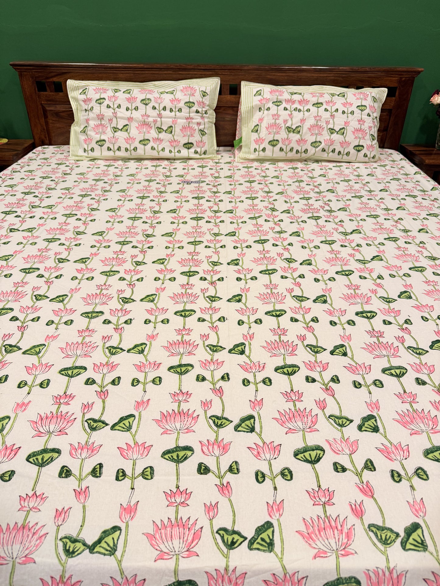 Pink Lotus Premium Cotton Double  Handblock Bedsheet