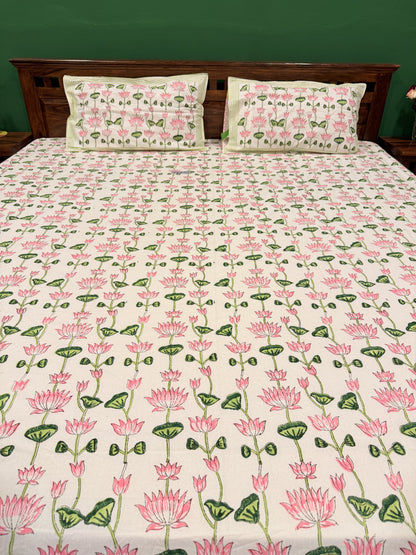 Pink Lotus Premium Cotton Double  Handblock Bedsheet