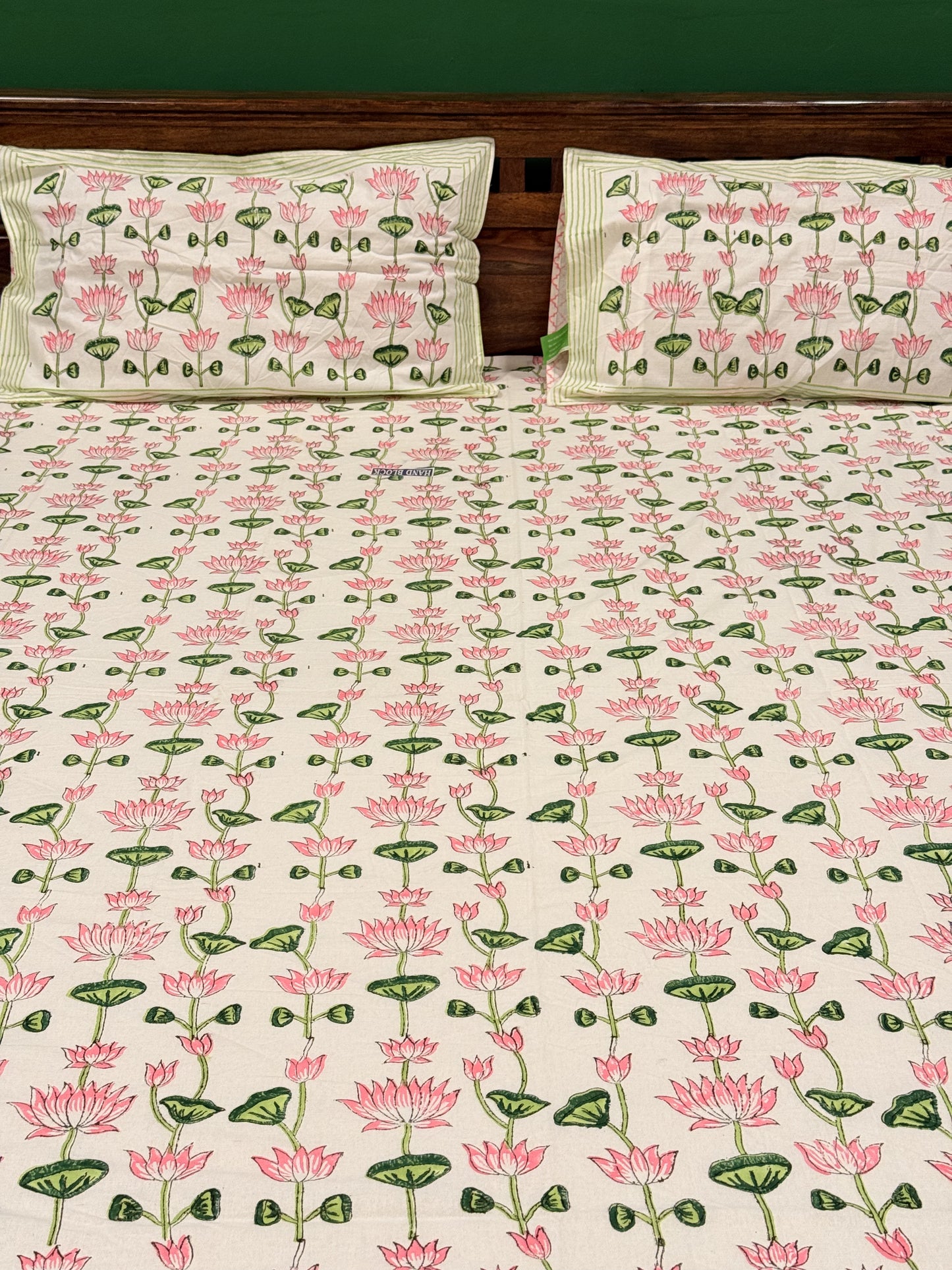 Pink Lotus Premium Cotton Double  Handblock Bedsheet