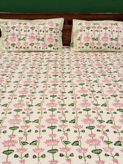 Pink Lotus Premium Cotton Double  Handblock Bedsheet