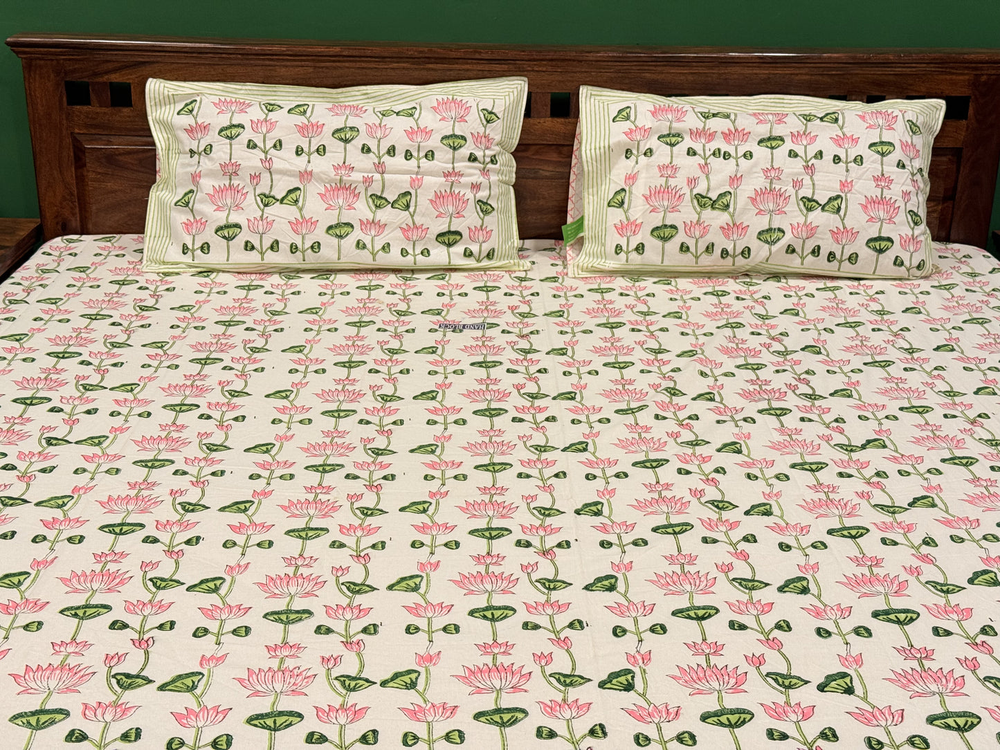 Pink Lotus Premium Cotton Double  Handblock Bedsheet