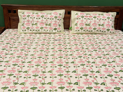 Pink Lotus Premium Cotton Double  Handblock Bedsheet