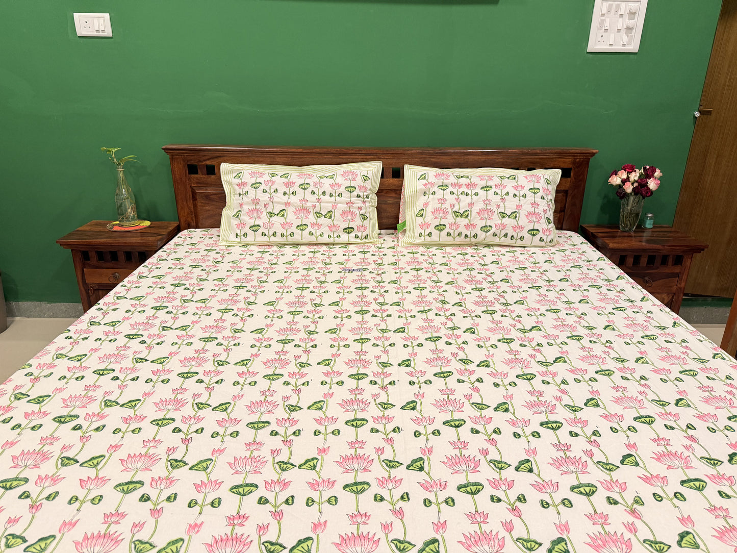 Pink Lotus Premium Cotton Double  Handblock Bedsheet