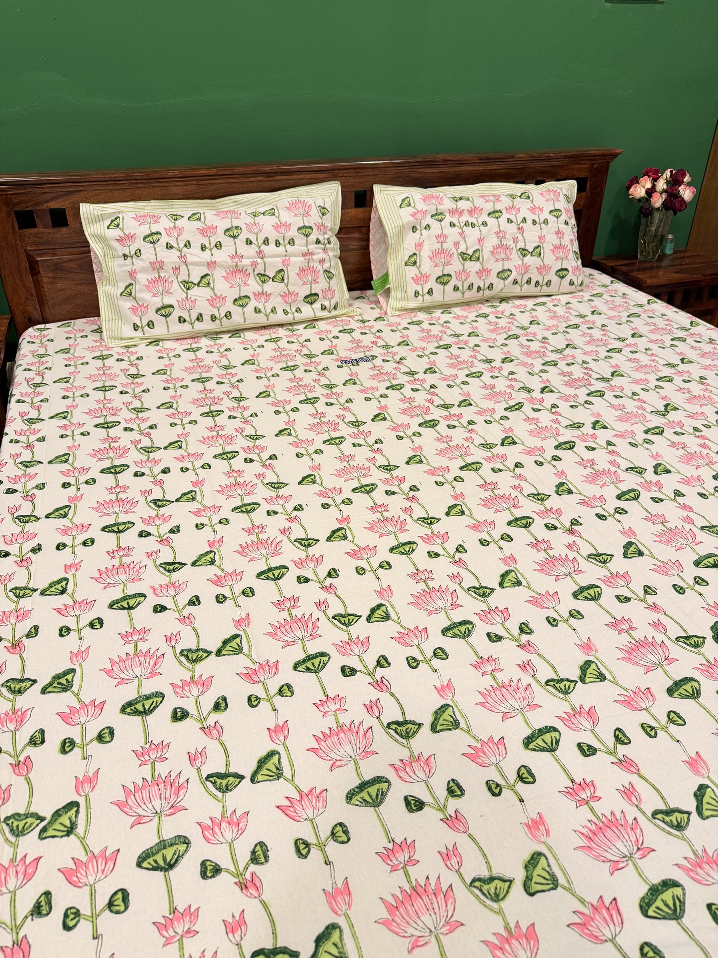 Pink Lotus Premium Cotton Double  Handblock Bedsheet