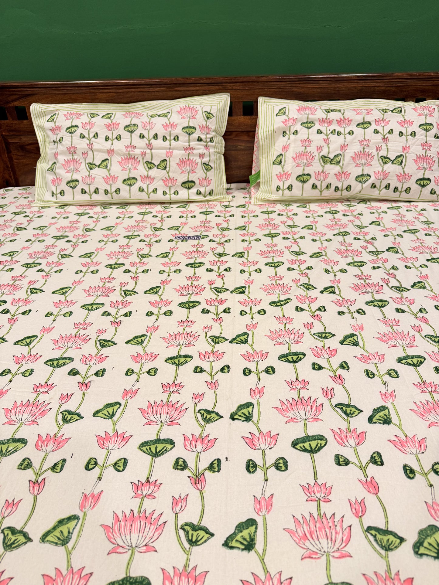Pink Lotus Premium Cotton Double  Handblock Bedsheet