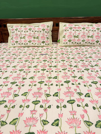 Pink Lotus Premium Cotton Double  Handblock Bedsheet