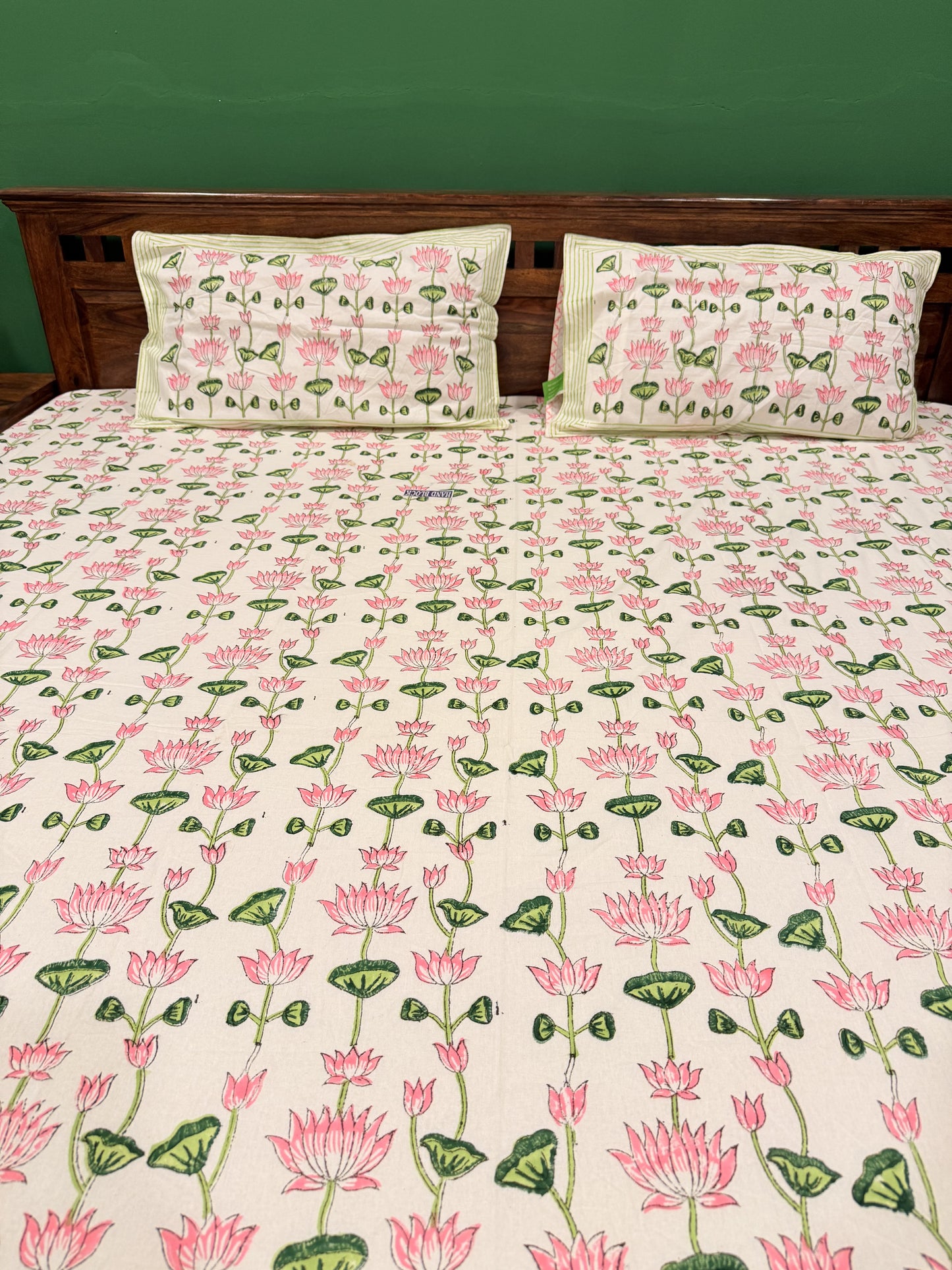 Pink Lotus Premium Cotton Double  Handblock Bedsheet