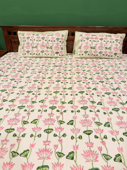 Pink Lotus Premium Cotton Double  Handblock Bedsheet