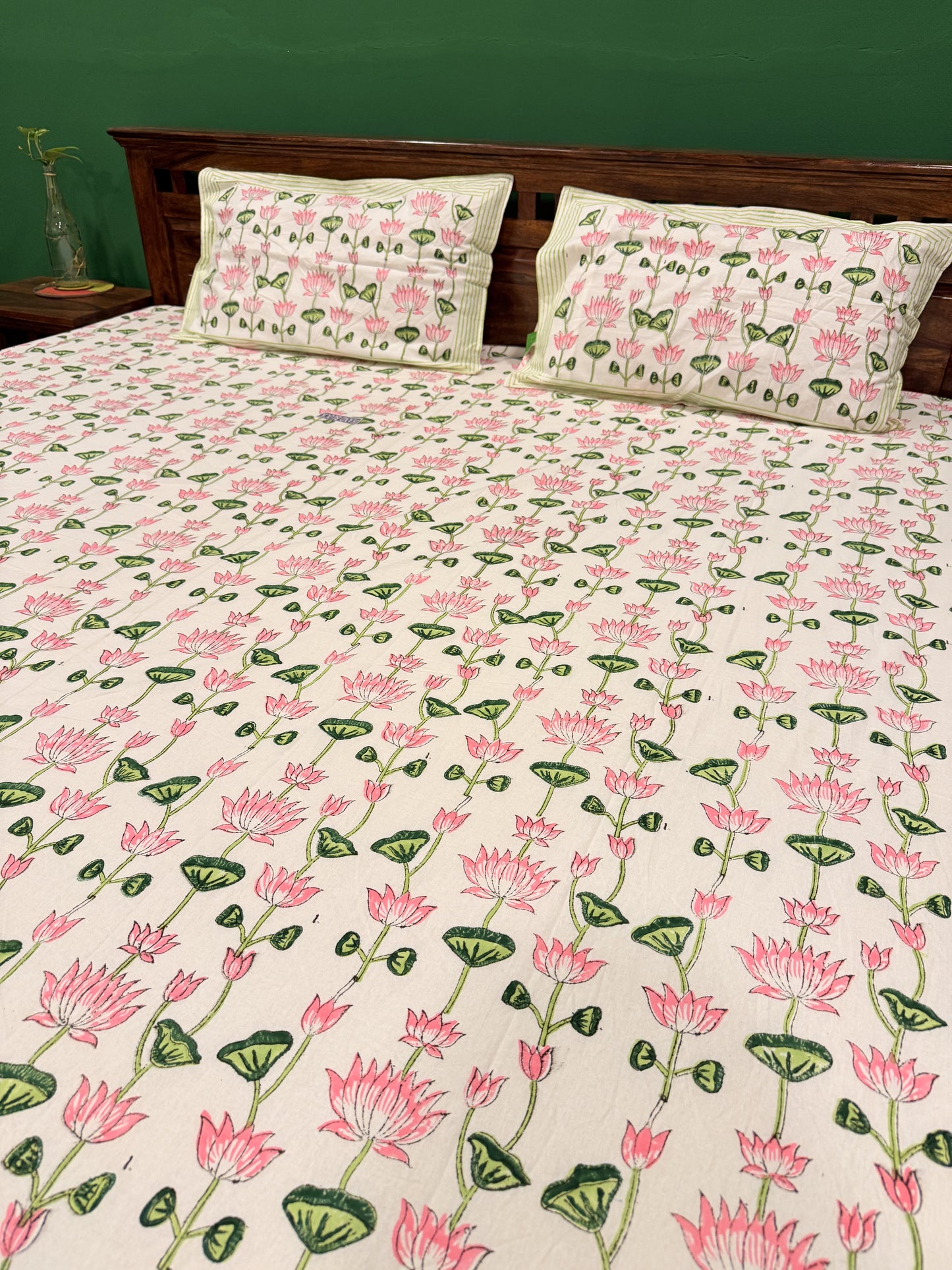 Pink Lotus Premium Cotton Double  Handblock Bedsheet