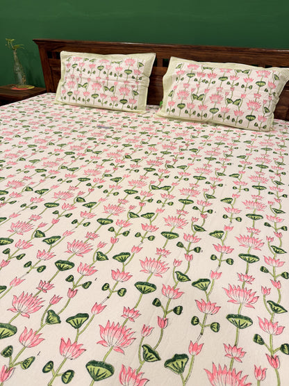 Pink Lotus Premium Cotton Double  Handblock Bedsheet