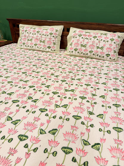 Pink Lotus Premium Cotton Double  Handblock Bedsheet