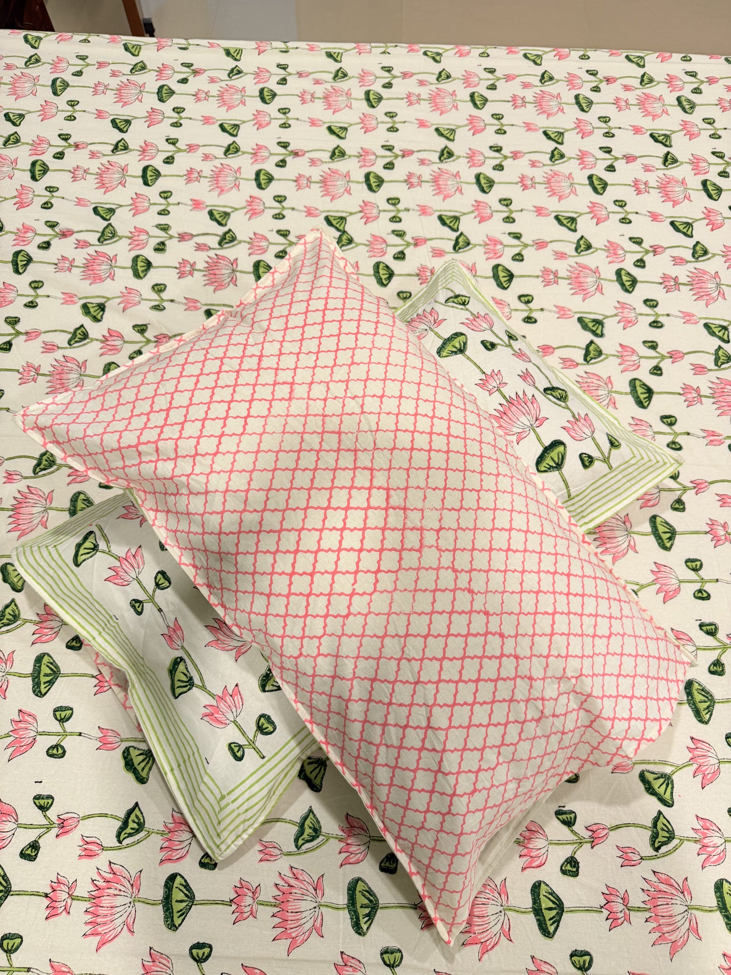 Pink Lotus Premium Cotton Double  Handblock Bedsheet
