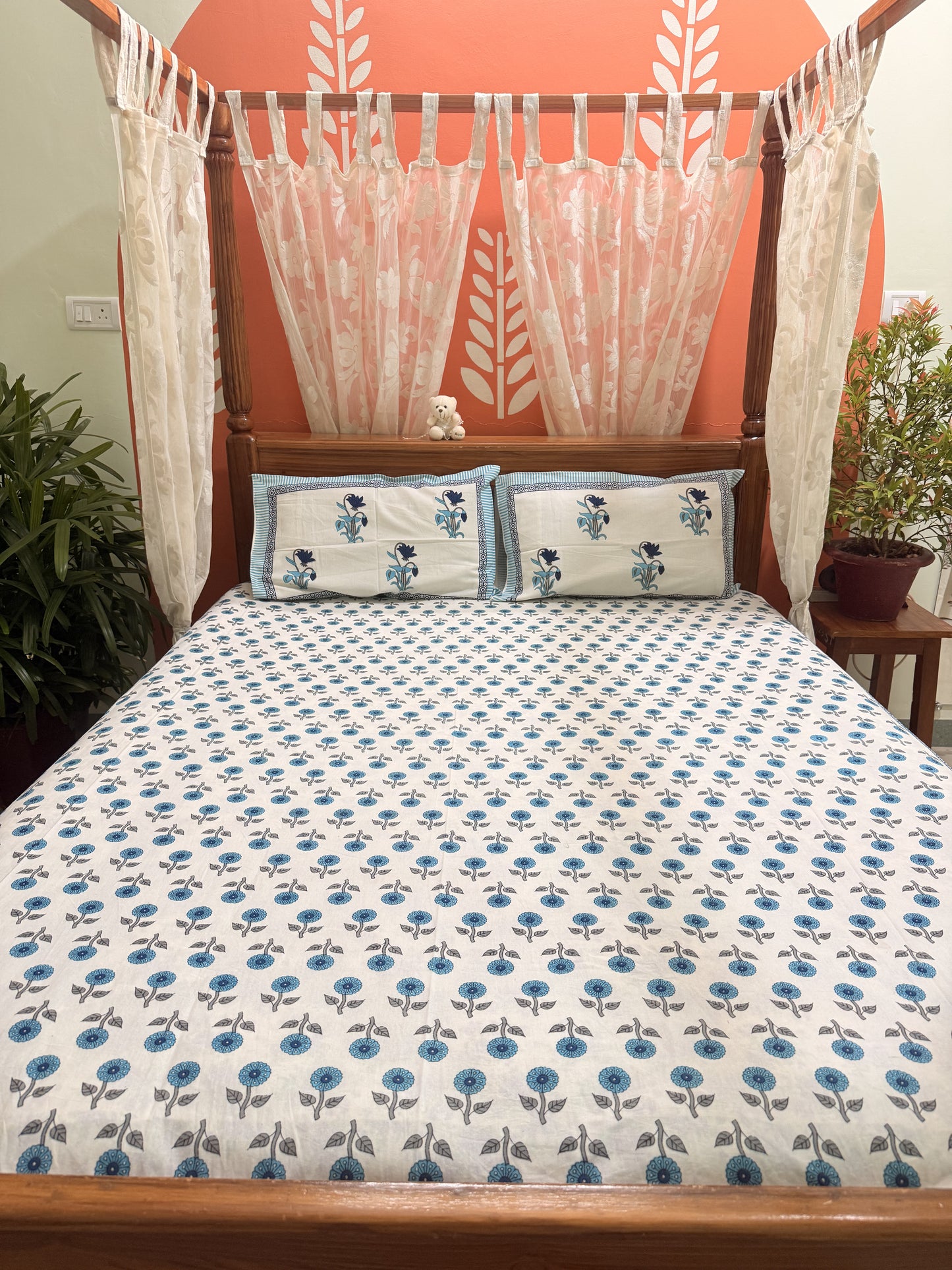 Blue Premium Cotton Double  Handblock Bedsheet