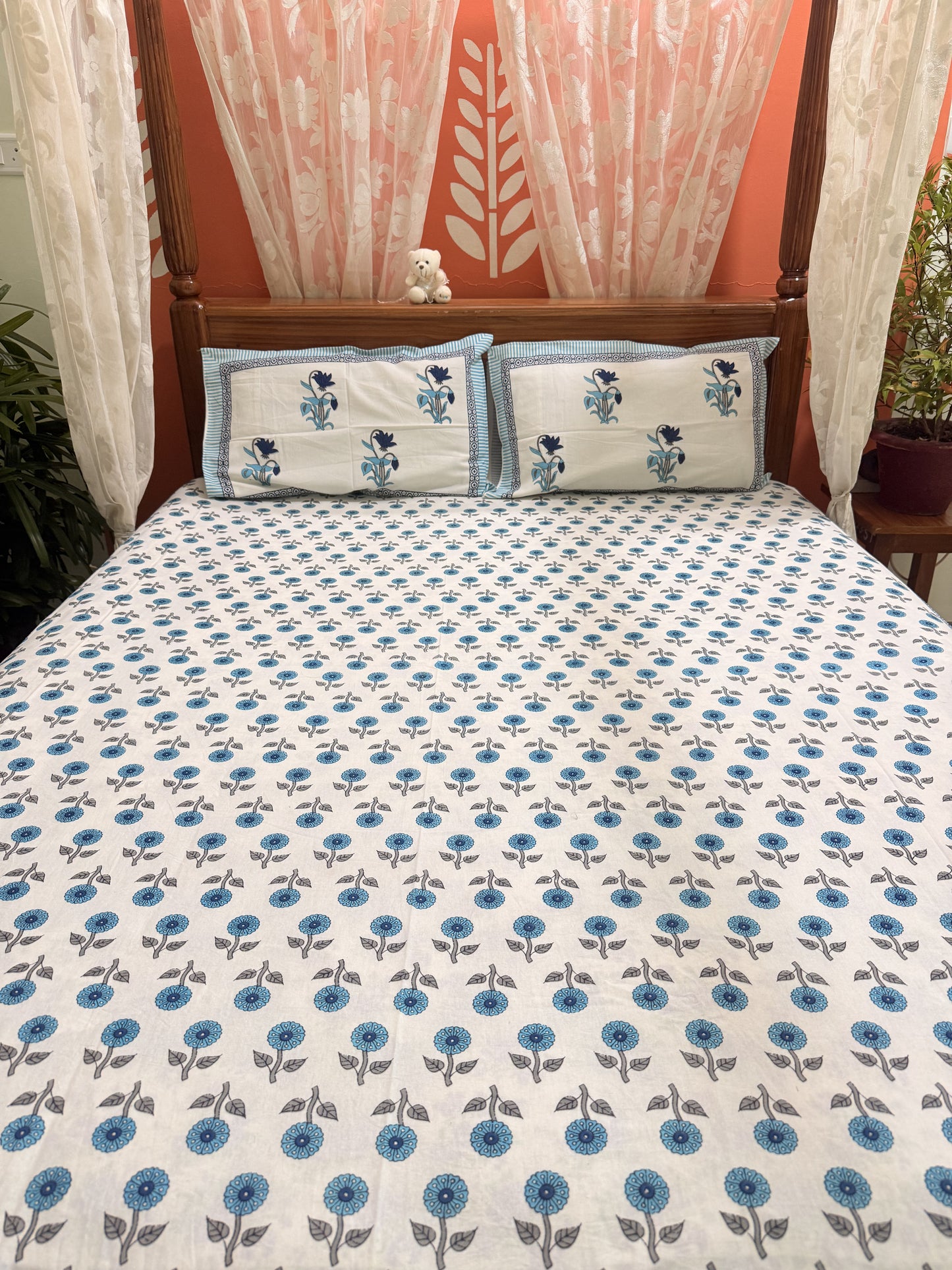 Blue Premium Cotton Double  Handblock Bedsheet