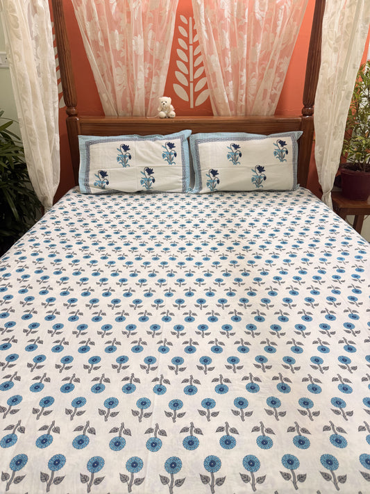 Blue Premium Cotton Double  Handblock Bedsheet