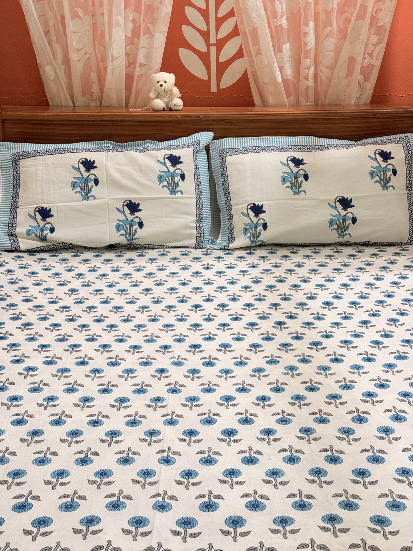 Blue Premium Cotton Double  Handblock Bedsheet
