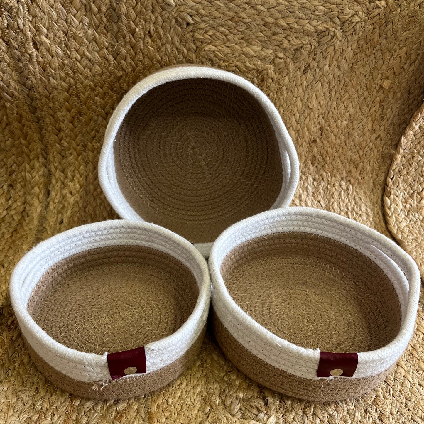 Jute Storage Baskets Multi-Purpose Organizer – Dual Tone Jute & White with Handles (Set of 3: Small, Medium, Large)