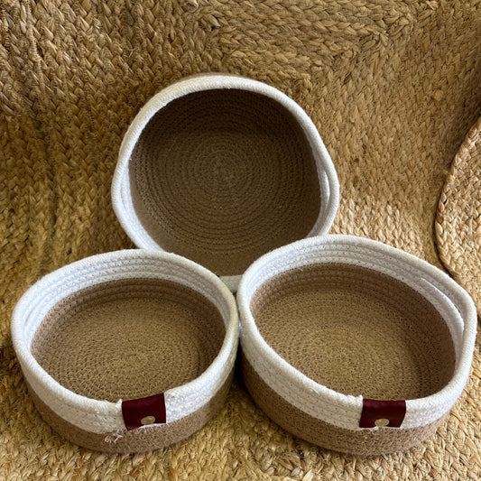 Jute Storage Baskets Multi-Purpose Organizer – Dual Tone Jute & White with Handles (Set of 3: Small, Medium, Large)