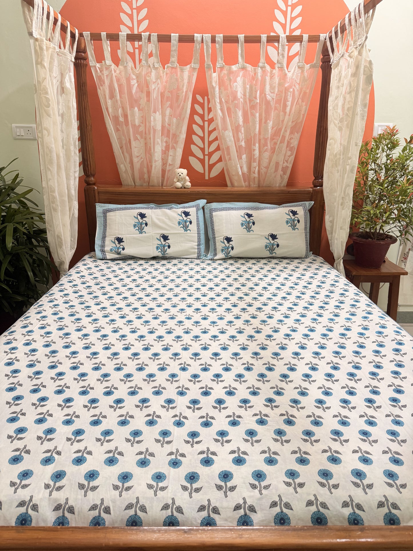 Blue Premium Cotton Double  Handblock Bedsheet