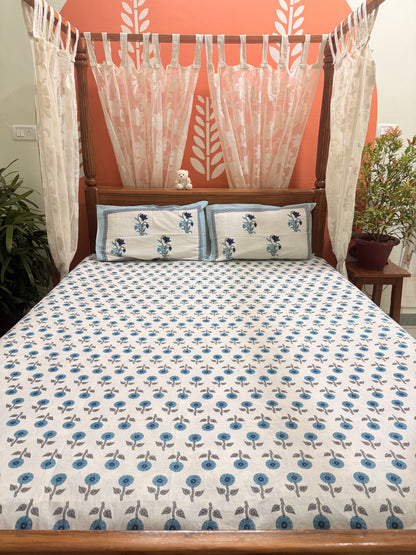 Blue Premium Cotton Double  Handblock Bedsheet