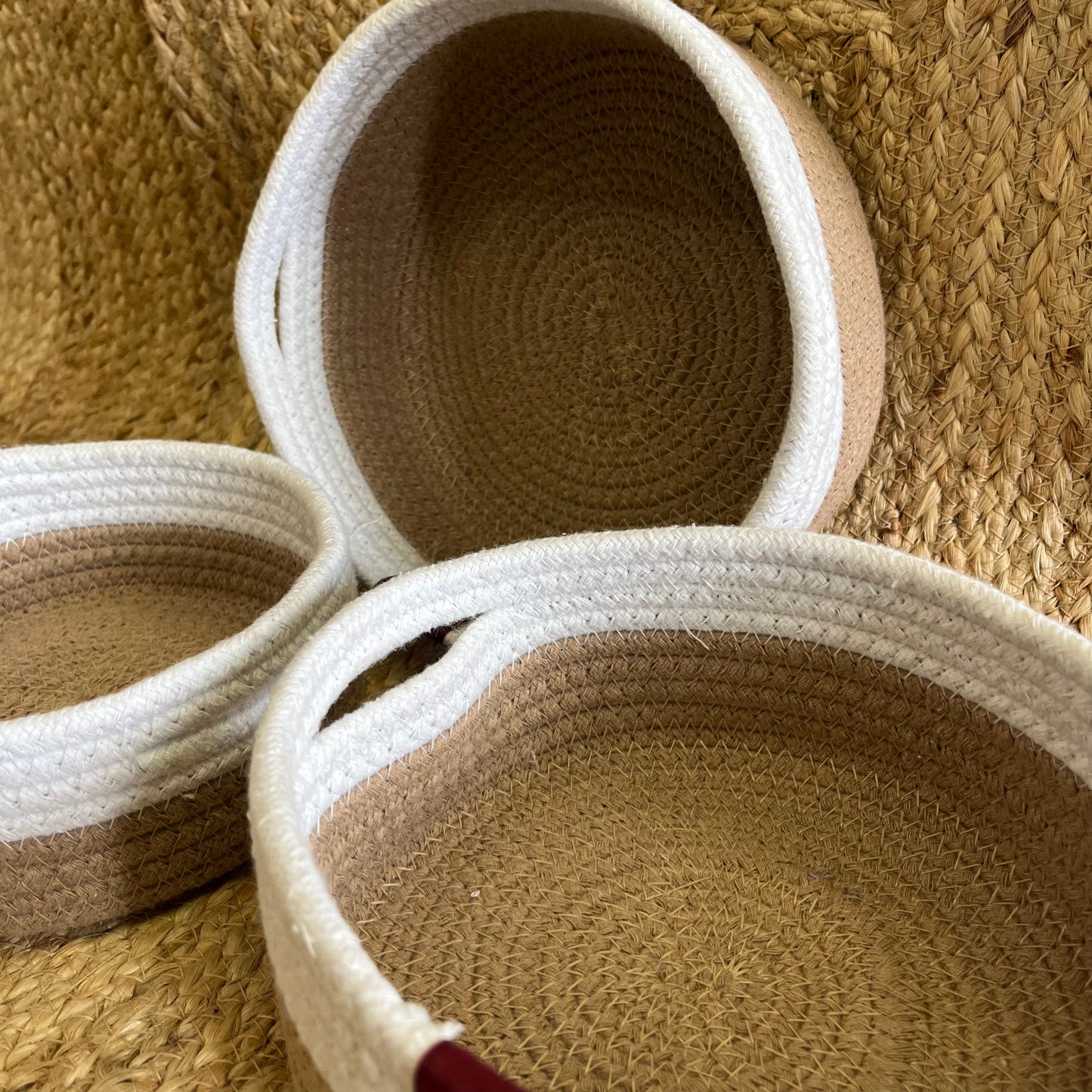 Jute Storage Baskets Multi-Purpose Organizer – Dual Tone Jute & White with Handles (Set of 3: Small, Medium, Large)