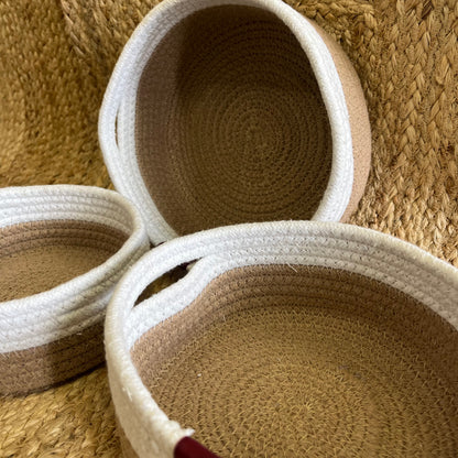 Jute Storage Baskets Multi-Purpose Organizer – Dual Tone Jute & White with Handles (Set of 3: Small, Medium, Large)