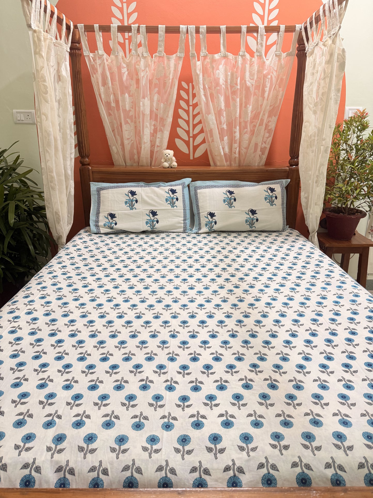 Blue Premium Cotton Double  Handblock Bedsheet