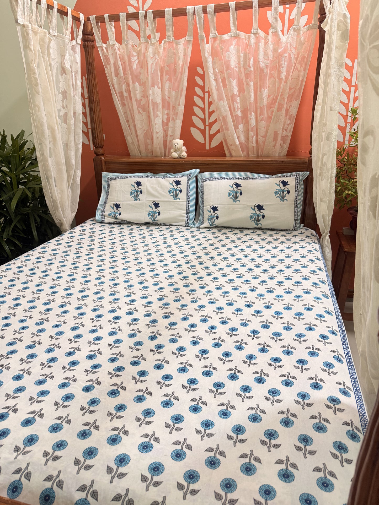 Blue Premium Cotton Double  Handblock Bedsheet