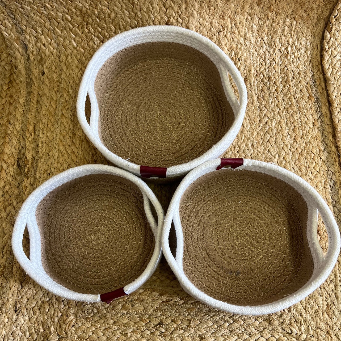 Jute Storage Baskets Multi-Purpose Organizer – Dual Tone Jute & White with Handles (Set of 3: Small, Medium, Large)