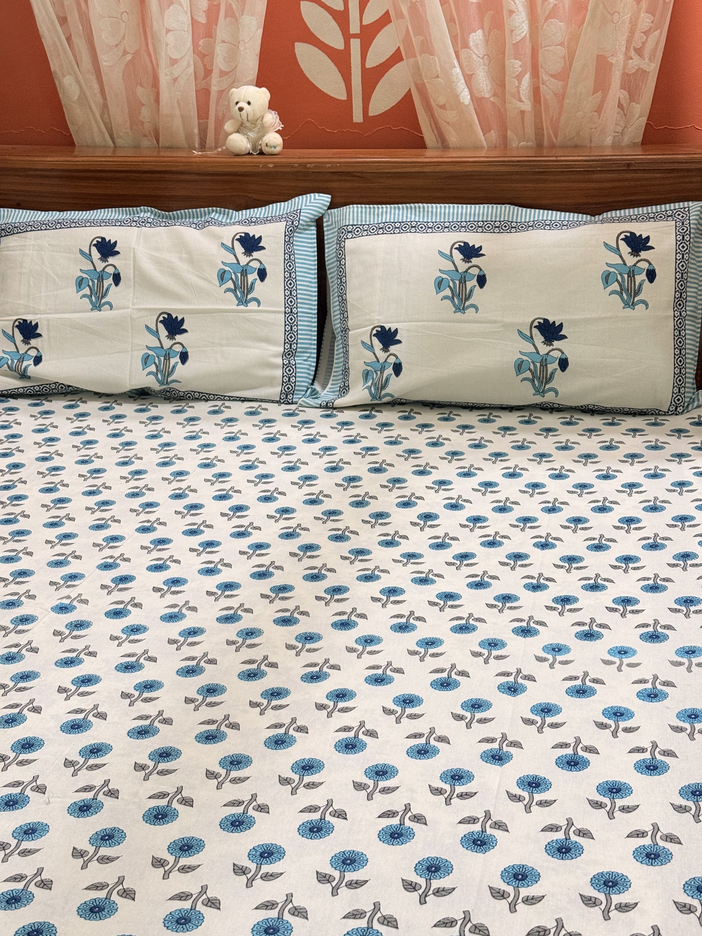Blue Premium Cotton Double  Handblock Bedsheet