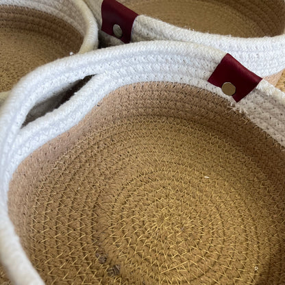 Jute Storage Baskets Multi-Purpose Organizer – Dual Tone Jute & White with Handles (Set of 3: Small, Medium, Large)