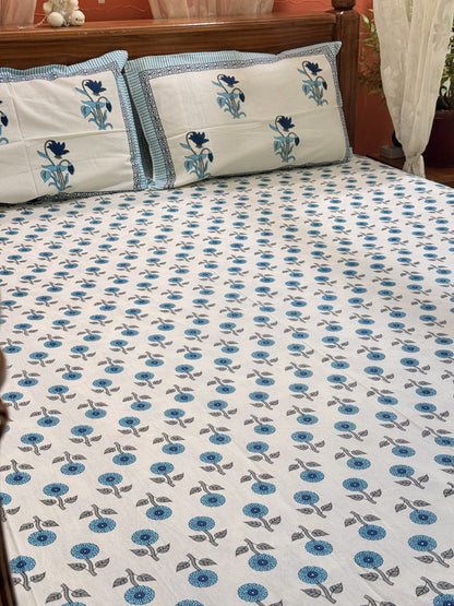 Blue Premium Cotton Double  Handblock Bedsheet