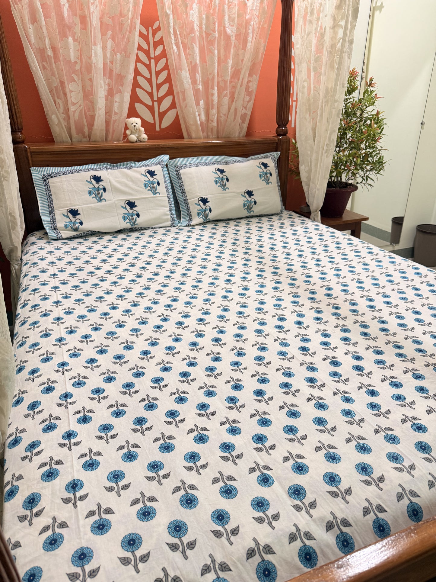 Blue Premium Cotton Double  Handblock Bedsheet