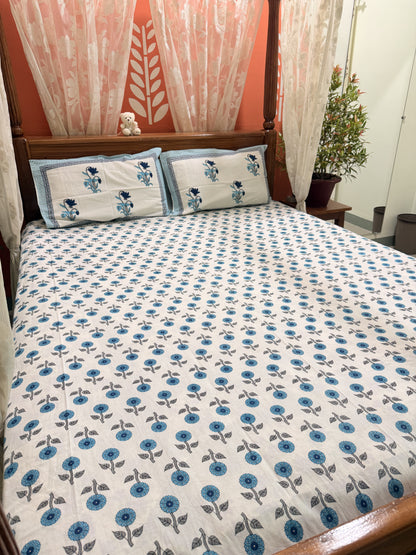 Blue Premium Cotton Double  Handblock Bedsheet