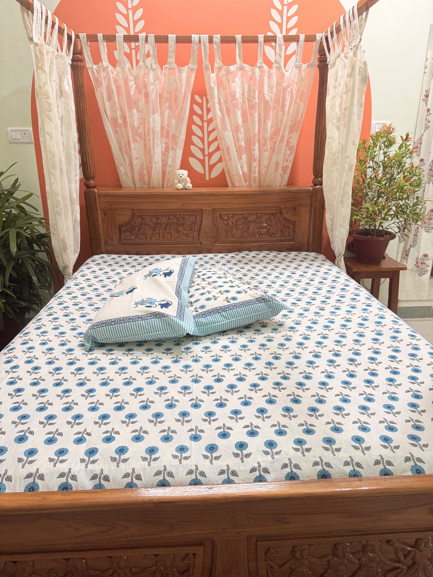 Blue Premium Cotton Double  Handblock Bedsheet