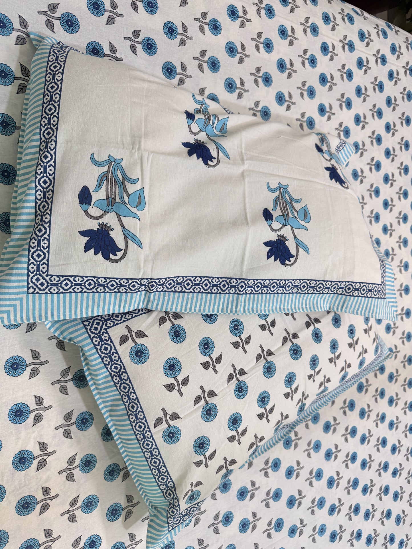 Blue Premium Cotton Double  Handblock Bedsheet