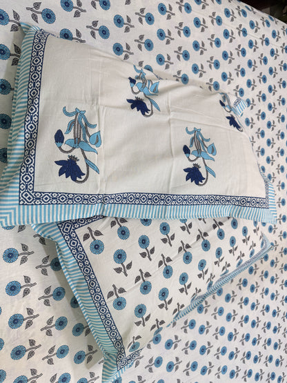Blue Premium Cotton Double  Handblock Bedsheet