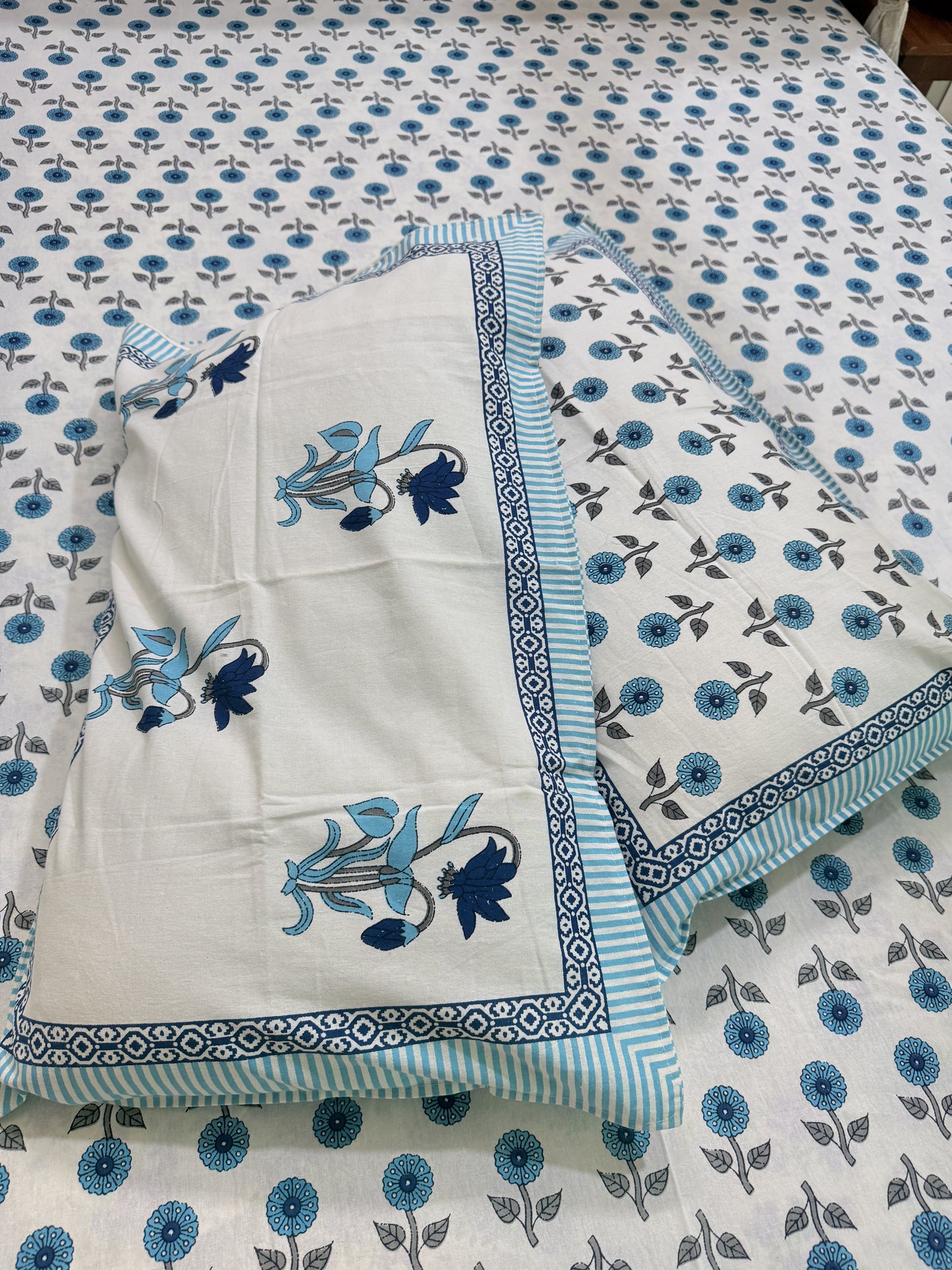 Blue Premium Cotton Double  Handblock Bedsheet