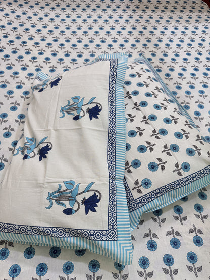 Blue Premium Cotton Double  Handblock Bedsheet