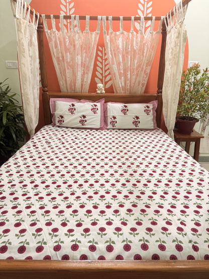 Red Premium Cotton Double Handblock Bedsheet